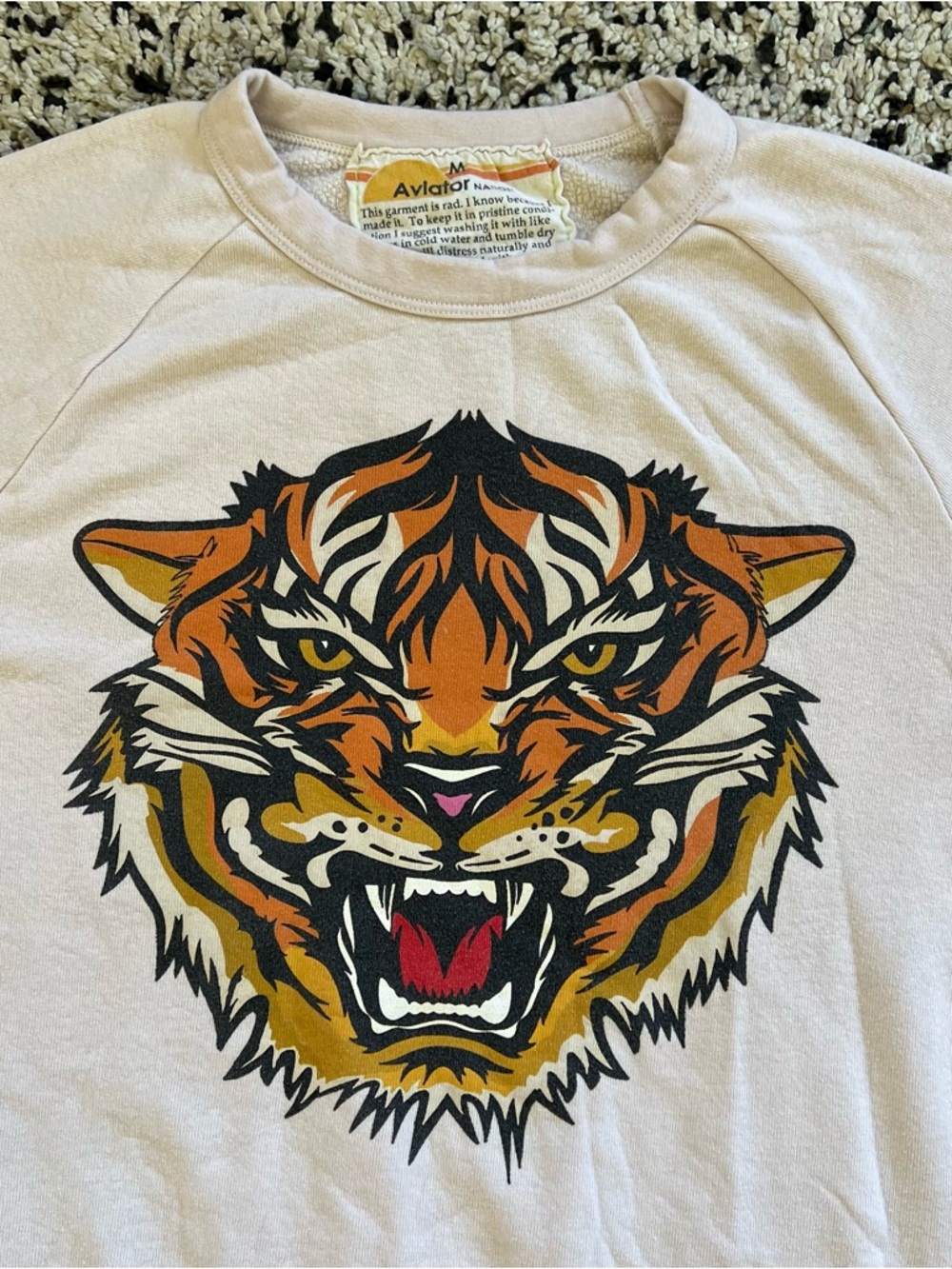 Aviator Nation Tiger Sweatshirt Light Beige Cream Lightweight Crewneck Medium - Picture 5 of 14